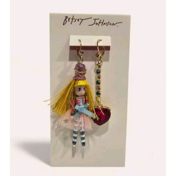 New Betsey Johnson Drop Earrings Mismatched Gold Tone Nutcracker Girl - Picture 2 of 3